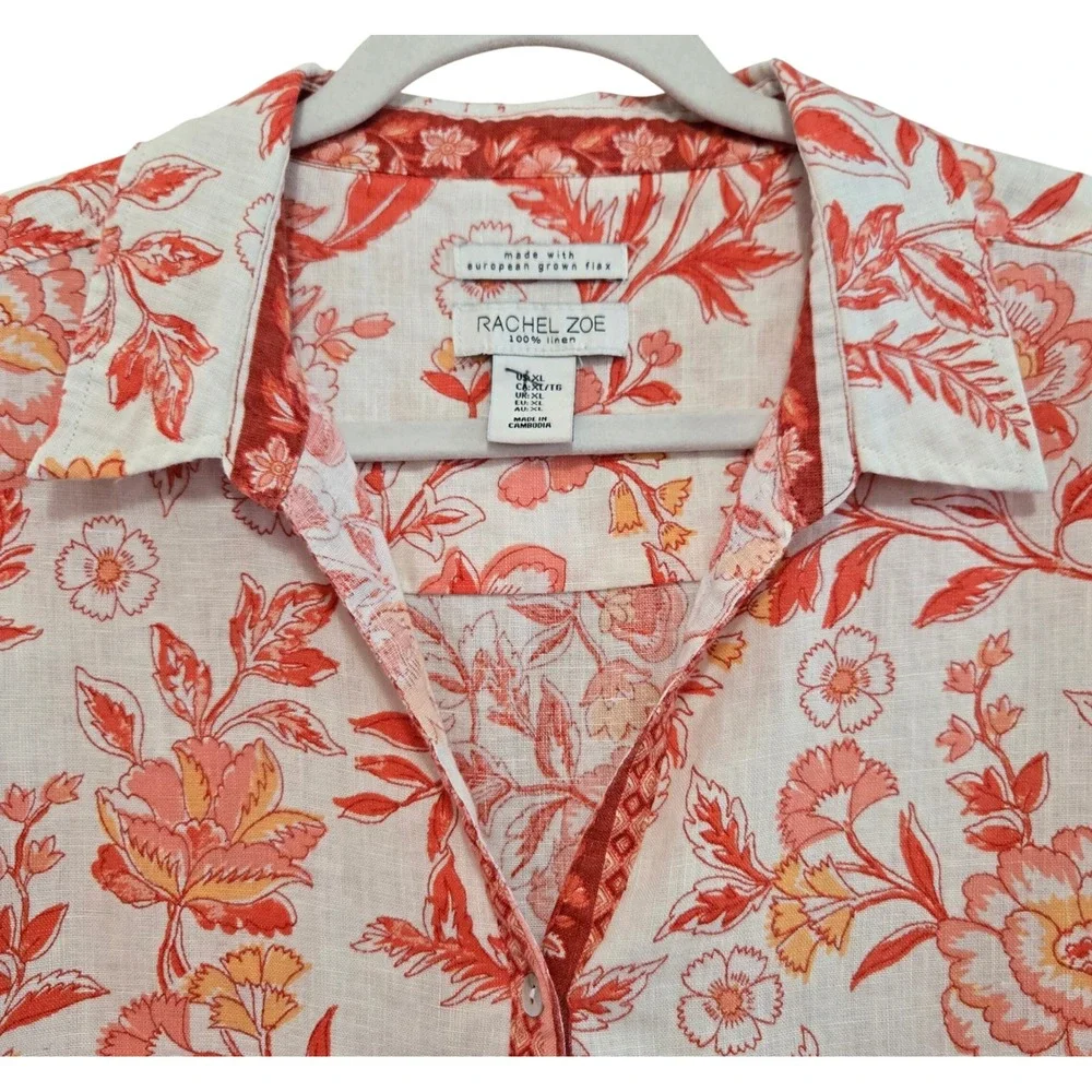 Rachel Zoe Womens XL Orange Floral 100% Linen Button Down Shirt European Flax - Picture 3 of 9
